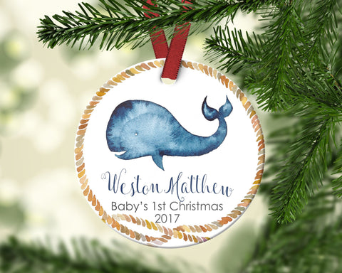 Baby's first Christmas ornament. Baby Whale. Personalized