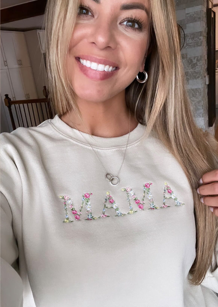MAMA Floral Embroidered  Crewneck Sweatshirt