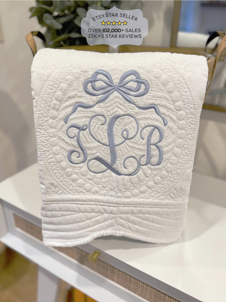 Personalized Embroidered Baby Blanket, Custom Cotton Heirloom Quilt Coquette Bow