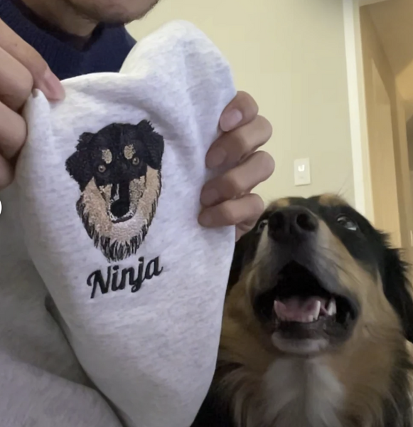 Custom Pet Photo Embroidered On A Zip-Up Sweatshirt. Custom Pet Photo Embroidered Zip-Up Sweatshirt