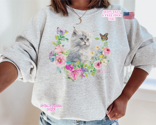 Cat Floral Crewneck Sweatshirt, Vintage Style Cat Sweatshirt