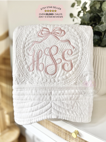 Personalized Embroidered Baby Blanket, Custom Cotton Heirloom Quilt Coquette Bow (Copy)