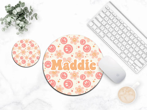 Personalized Mousepad And Coaster Office Decor Smiley Face Trendy Boho Mouse Pad