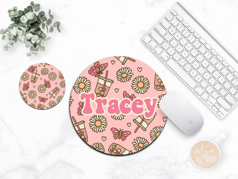 Personalized Mousepad And Coaster, Cute Office Decor, Iced Coffee, Trendy Boho Mouse Pad