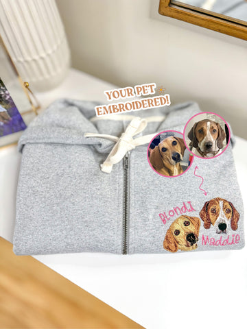 Custom Pet Photo Embroidered On A Zip-Up Sweatshirt. Custom Pet Photo Embroidered Zip-Up Sweatshirt