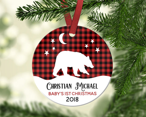Buffalo Plaid Bear Baby’s First Christmas Ornament