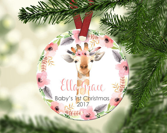 Baby Giraffe First Christmas Ornament. Personalized