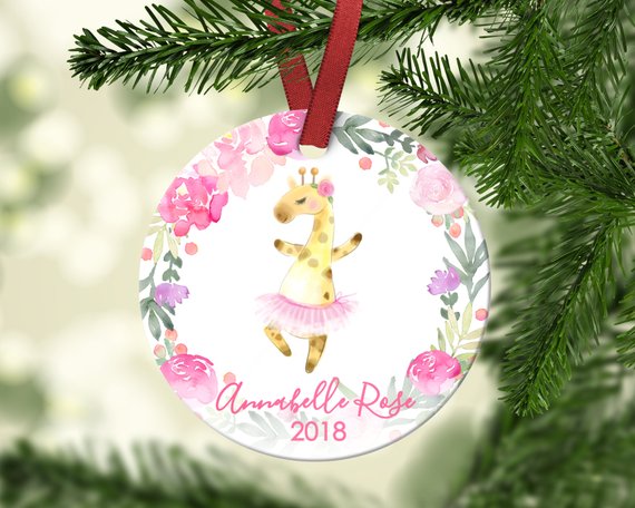 Girl's Christmas ornament. Giraffe dancing. Personalized