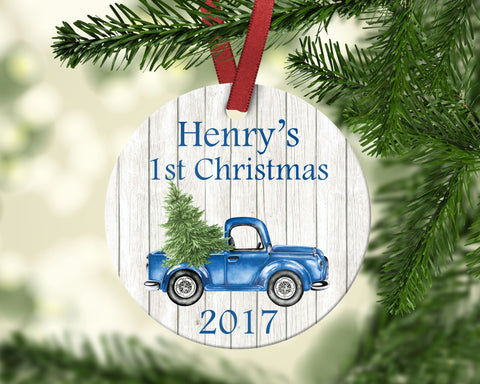 Baby's first Christmas ornament. Vintage truck. Personalized