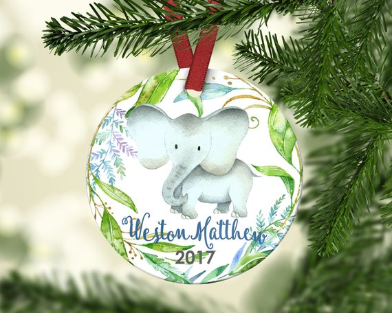 Boy's Christmas ornament. Baby Elephant. Personalized
