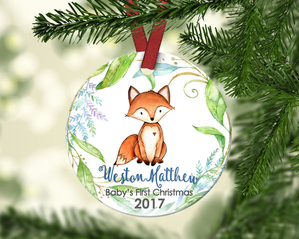Baby's First Christmas ornament. Baby Fox. Personalized