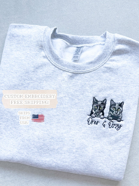 Custom Embroidered Cat Crewneck Sweatshirt. Custom Cat Shirt. Custom Cat Sweatshirt