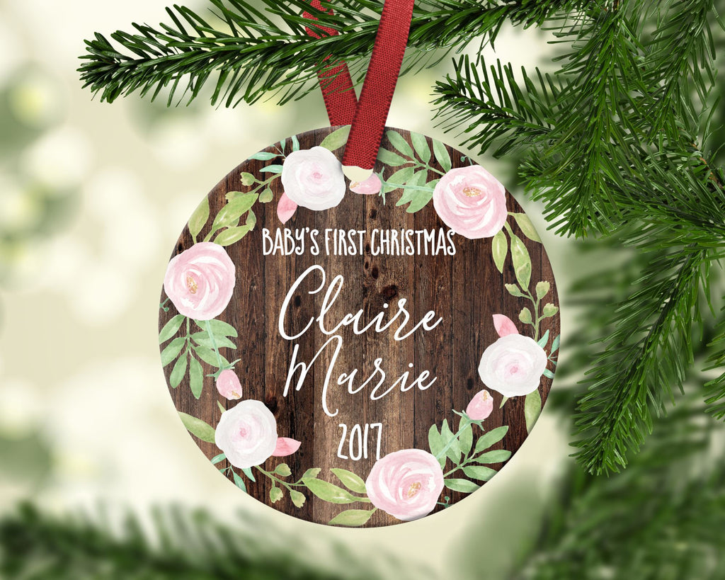 Baby's first Christmas ornament. Floral. Personalized
