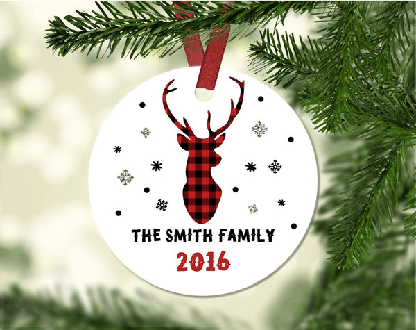 Family Christmas ornament. Plaid deer. Personalized