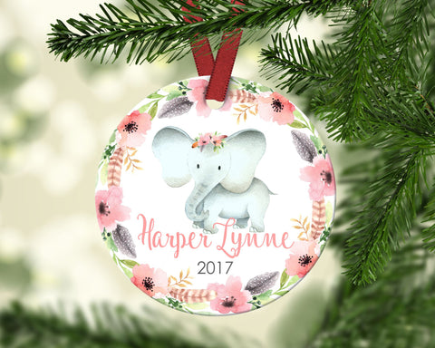 Girl's Christmas ornament. Baby Elephant. Personalized