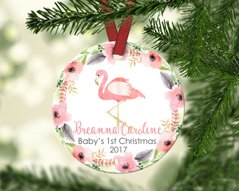 Baby's first Christmas ornament. Flamingo. Personalized