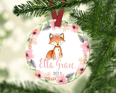 Girl's Christmas ornament. Baby Fox. Personalized