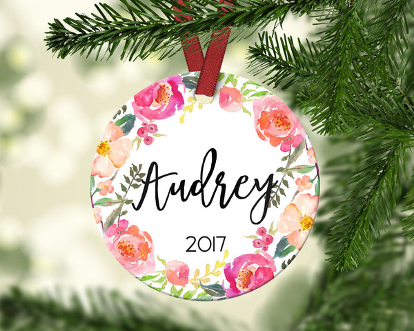 Girl's Floral Christmas Ornament. Personalized