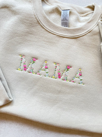 MAMA Floral Embroidered  Crewneck Sweatshirt