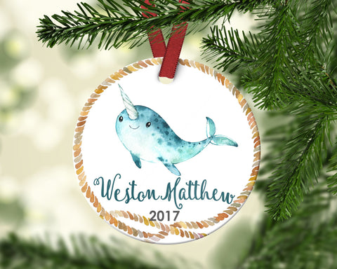 Children's Christmas Ornament. Narwhal. Personalized