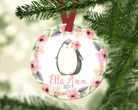 Girl's Christmas ornament. Baby Penguin. Personalized