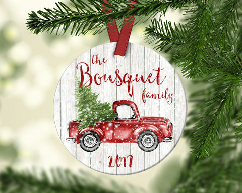 Family Christmas ornament. Vintage Red Truck. Personalized