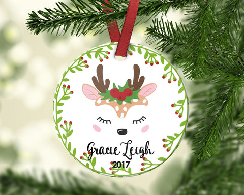 Girl's Christmas ornament. Baby Reindeer. Personalized