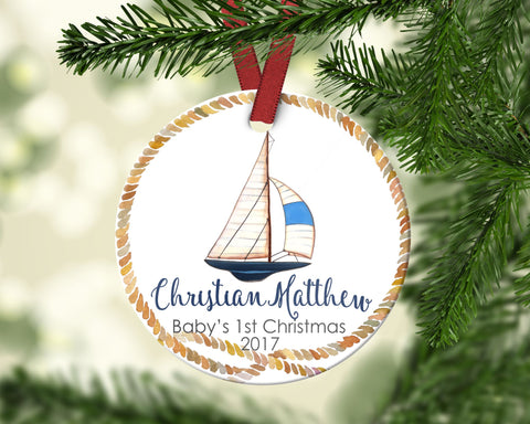 Boy's FIRST Christmas Ornament. Sailboat. Personalized