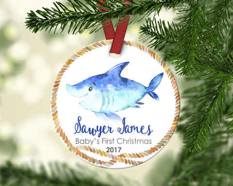Boy's FIRST Christmas Ornament. Shark. Personalized