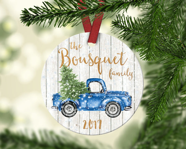 Family Christmas Ornament. Vintage Blue Truck Ornament. Personalized